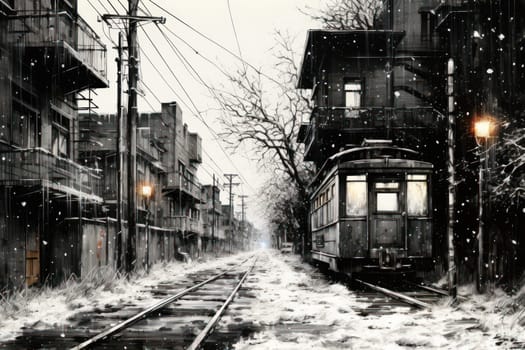 An evocative representation of urban life during winter, focusing on the enchanting vistas of city streets, buildings blanketed in snow, and the warm radiance of streetlights.