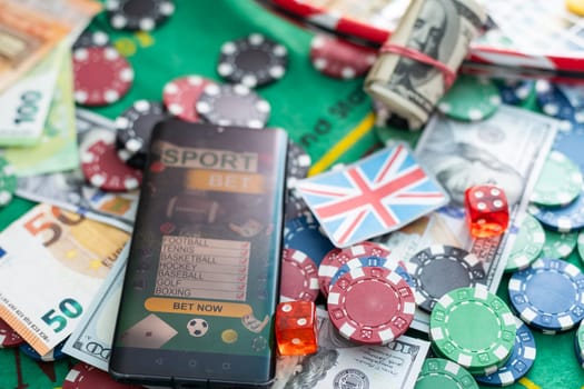 gamble. Poker concept.playing cards, chips and dollars are scattered around the new poker table. High quality photo