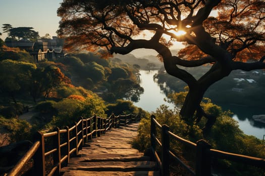 Stone stairs leading down to the river against a backdrop of beautiful nature.