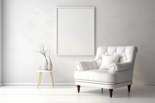 Beautiful bright living room interior with a comfortable white armchair and a large white painting on the wall.