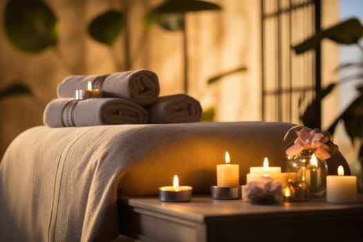 Spa. A stack of towels on the couch, scented candles, dim lighting. Body care.
