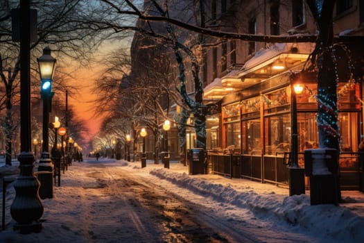 An evocative representation of urban life during winter, focusing on the enchanting vistas of city streets, buildings blanketed in snow, and the warm radiance of streetlights.