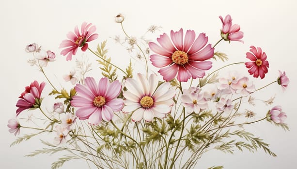 Beautiful chamomile daisy flower on neutral background. Minimalist floral concept with copy space. Creative still life summer, spring background Pink colors. Vintage stylish background Space for text