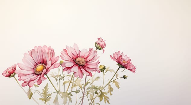 Beautiful chamomile daisy flower on neutral background. Minimalist floral concept with copy space. Creative still life summer, spring background Pink colors. Vintage stylish background Space for text