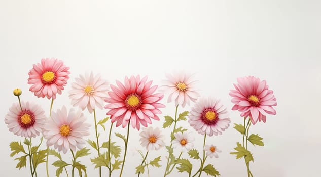 Beautiful chamomile daisy flower on neutral background. Minimalist floral concept with copy space. Creative still life summer, spring background Pink colors. Vintage stylish background Space for text