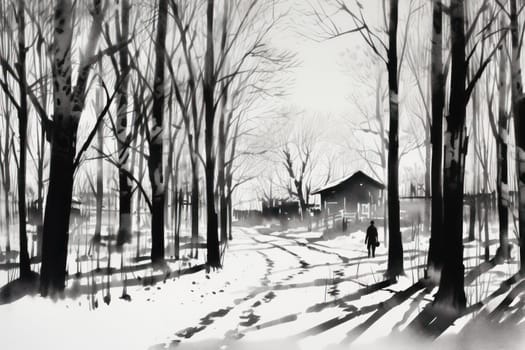 A striking visual display of the winter season, utilizing the extended shadows and sharp differences in lighting to craft captivating silhouettes against the snowy backdrop.