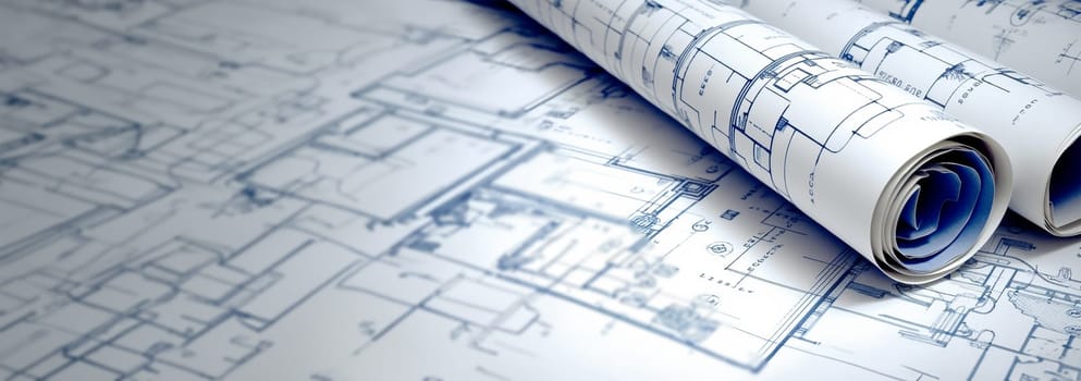 Architecture design blueprint plan illustration of a plan modern residential building technology, industry, business concept illustration: real estate, building, construction, architecture Rolled blueprints background Copy space