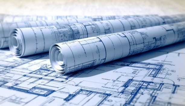 Architecture design blueprint plan illustration of a plan modern residential building technology, industry, business concept illustration: real estate, building, construction, architecture Rolled blueprints background Copy space