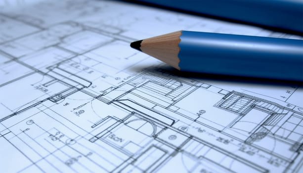 Architecture design blueprint plan illustration of a plan modern residential building technology, industry, business concept illustration: real estate, building, construction, architecture Rolled blueprints background Copy space