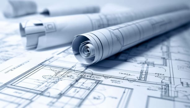 Architecture design blueprint plan illustration of a plan modern residential building technology, industry, business concept illustration: real estate, building, construction, architecture Rolled blueprints background Copy space