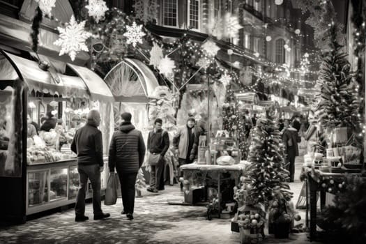 A vibrant depiction of the holiday spirit, capturing the lively ambiance of bustling markets and fairs adorned with festive decorations.