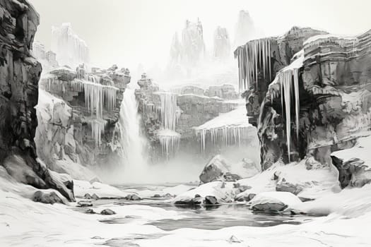 A mesmerizing display of the winter landscape, focusing on the distinctive and captivating frozen waterfalls found in chilly regions.