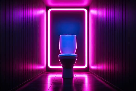 Ceramic toilet in a dark room with neon lighting.