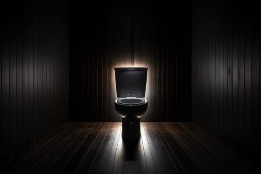 Ceramic toilet in a dark room with lighting.