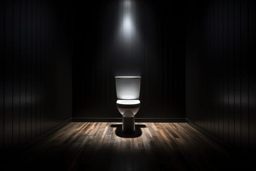 Ceramic toilet in a dark room with lighting.