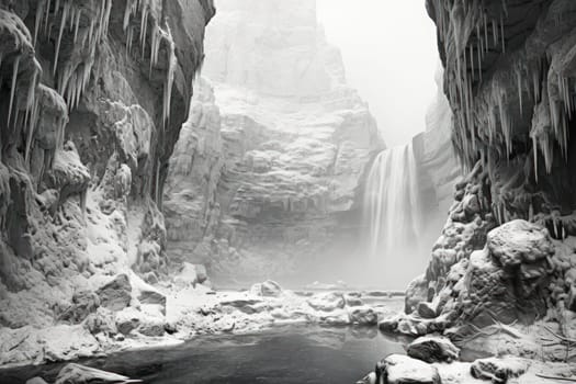 A mesmerizing display of the winter landscape, focusing on the distinctive and captivating frozen waterfalls found in chilly regions.