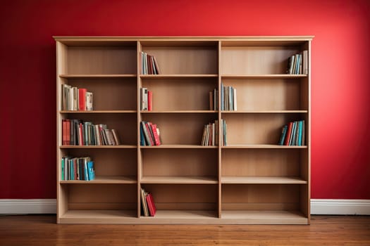 Wooden bookcase with books on shelves near a red wall on a wooden floor.