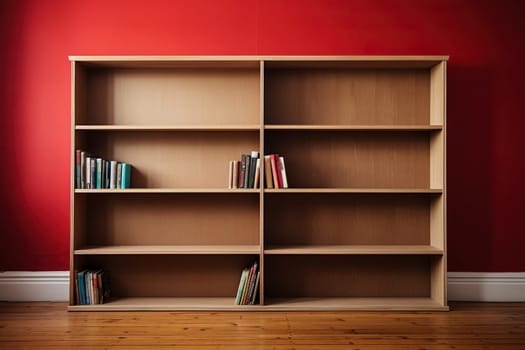 Wooden bookcase with books on shelves near a red wall on a wooden floor.