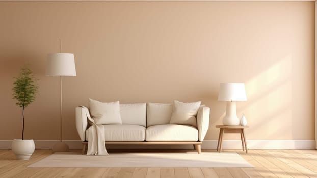 3D rendering of a white upholstery sofa in living room. The room is empty and has a lot of natural light.