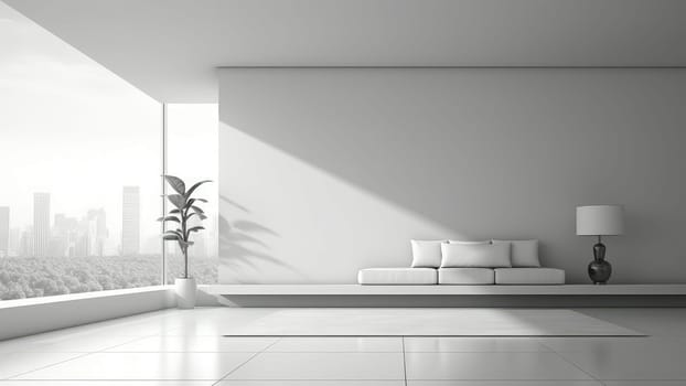 3D rendering of a minimalist living room with a potted plant. The room is spacious and has plenty of natural light.