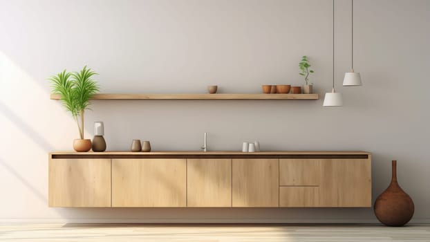 3D interior rendering of a built-in wooden shelving and wooden storage cabinet in dining room. The living room is spacious and has a lot of natural light.