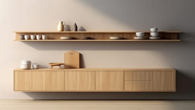 3D interior rendering of a built-in wooden shelving and wooden storage cabinet in dining room. The living room is spacious and has a lot of natural light.