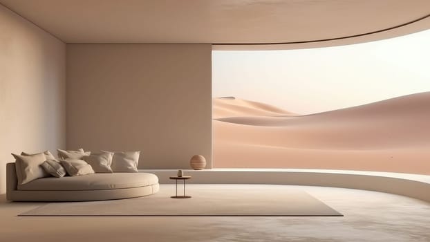 3D rendering of an upholstery cushion sofa in a living room with desert view background. The living room is spacious and has a lot of natural light.