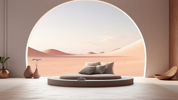 3D rendering of an upholstery cushion sofa in a living room with desert view background. The living room is spacious and has a lot of natural light.