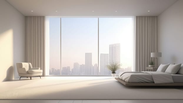 3d rendering of a bedroom with a large window overlooking the cityscape. The living room is spacious and has a lot of natural light.