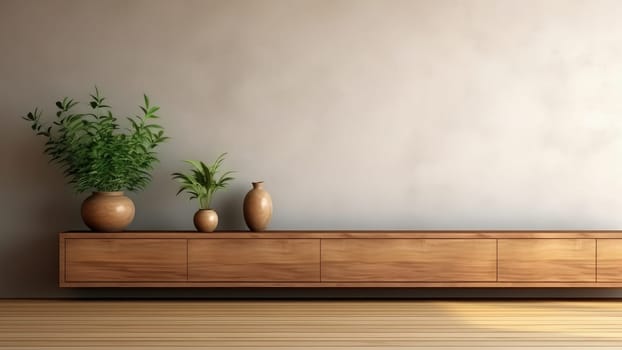 3D rendering of a potted plant, built-in wooden shelving on concrete wall background in living room. The room is decorated in a cozy and hospitality style.