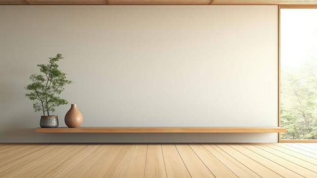 3D rendering of a potted plant, built-in wooden shelving on a concrete wall background in living room.