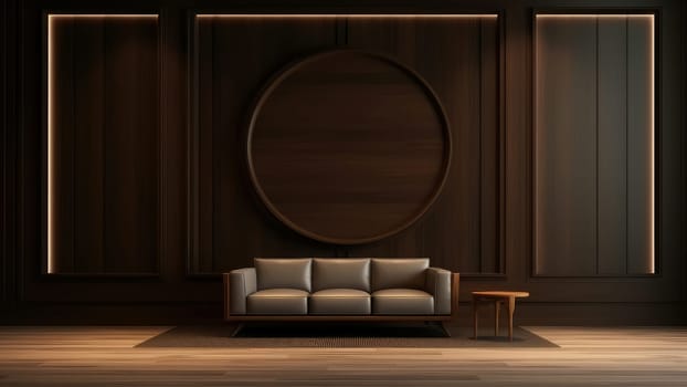 3D rendering of a living room with a brown leather sofa, a table, and a circle on the wooden wall. The room is well-lit, and the colors are warm and inviting.