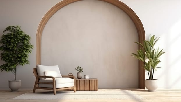 3D rendering of a cozy living room with a potted plants, and the wooden arch on wall. The living room is spacious and has a lot of natural light.