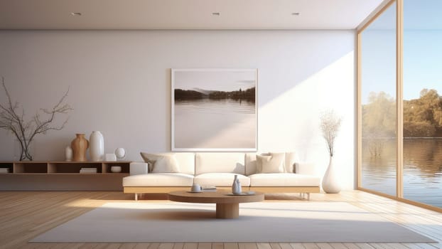 3D rendering of a white upholstery sofa in living room. The room is empty and has a lot of natural light.