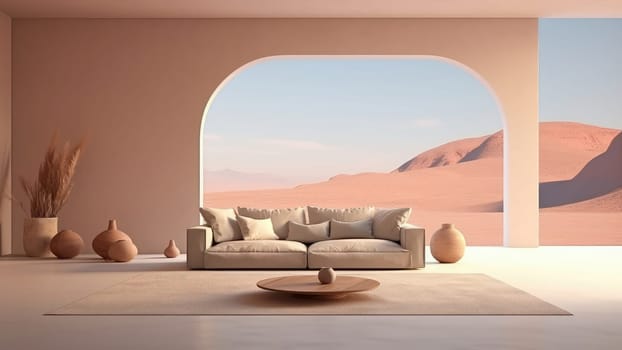 3D rendering of an upholstery cushion sofa in a living room with desert view background. The living room is spacious and has a lot of natural light.