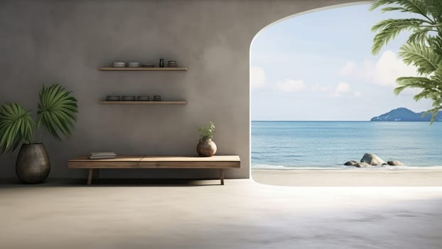 3D rendering interior of a products on a built-in wooden shelf in a living room with sea view background. The seascape shining in the day light, creating a beautiful and exotic scenery.