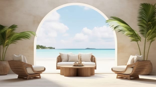 3D rendering interior of a living room with sea view background. The seascape shining in the day light, creating a beautiful and exotic scenery.