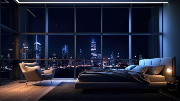 3D rendering of a bedroom with a large window overlooking the cityscape at night. The bedroom is well-lit, and the colors are warm and inviting.
