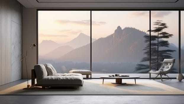 3D rendering of a living room with a large window overlooking a natural view. The room is decorated in a cozy and hospitality style.