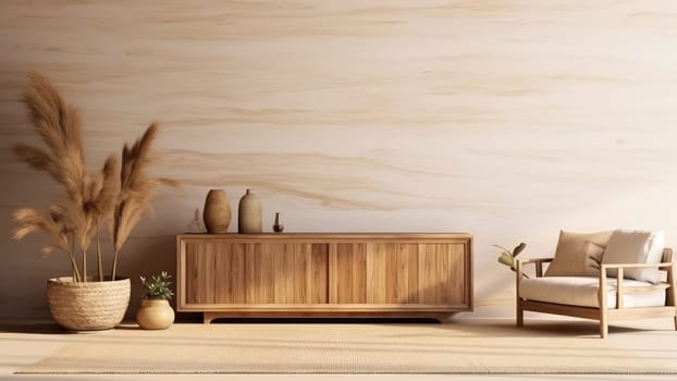 3D interior rendering of a built-in wooden shelving on a concrete wall and potted plant in living room.