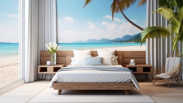 3D rendering of a bedroom with a large window overlooking the sea view. The bedroom is well-lit, and the colors are warm and inviting.