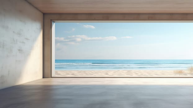 3D rendering interior of a living room with sea view background. The seascape shining in the day light, creating a beautiful and exotic scenery.