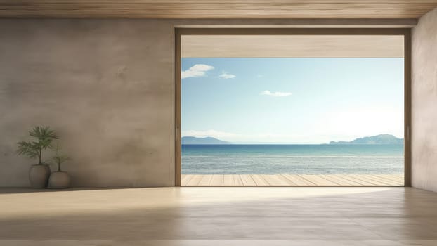 3D rendering interior of a living room with sea view background. The seascape shining in the day light, creating a beautiful and exotic scenery.