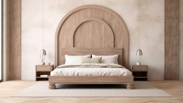 3D rendering interior of a wooden arch wall background in a bedroom. The room is clean and tidy, and there is plenty of natural light.