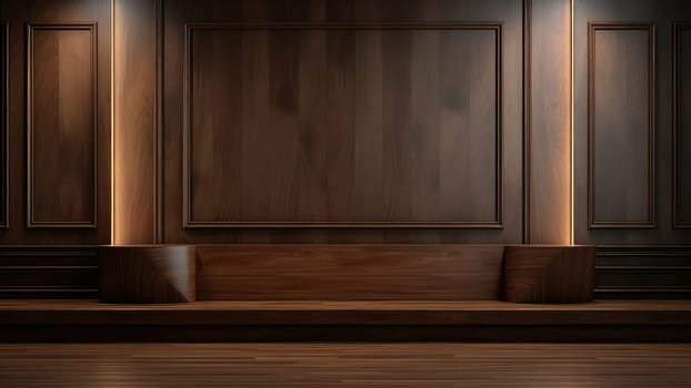 3D interior rendering of a built-in wooden bench on a wooden wall in living room. The living room is decorated in a warm and inviting style.