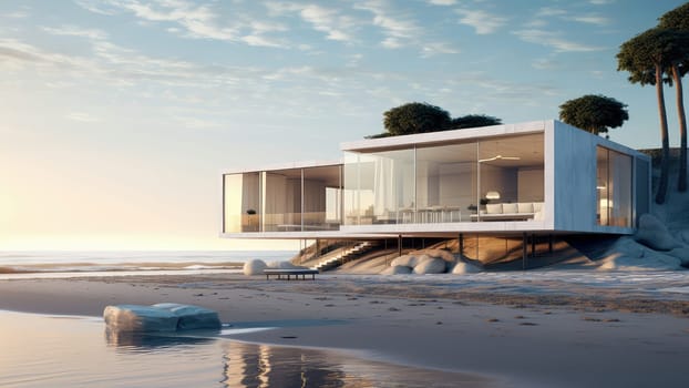 3D rendering of a small house on a sea beach. The ocean is visible in the distance.