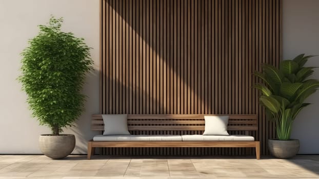 3D render of a cozy outdoor wooden bench at the patio. The space is decorated in a warm and inviting style, with furniture and a corrugated wooden wall background.