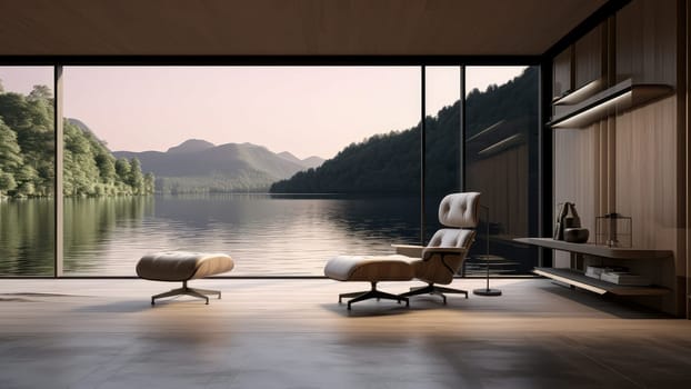 3D rendering of a living room with a large window overlooking a natural view. The room is clean and tidy, and there is plenty of natural light.