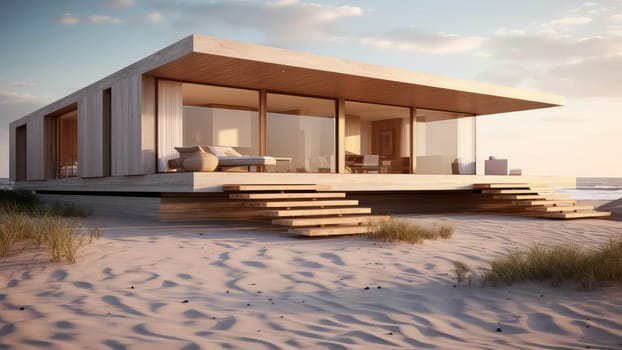 3D rendering of a modern house with outdoor concrete staircase on a beach. The house has a large window that overlooks the ocean.