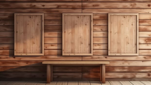 3D rendering of an empty picture gallery border on a wooden wall. The room is empty and has a lot of natural light.